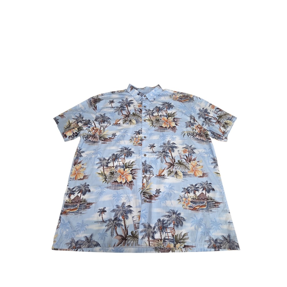 Island Shores Blue Tropical Palm Tree Hibiscus Aloha Shirt Men's XXL